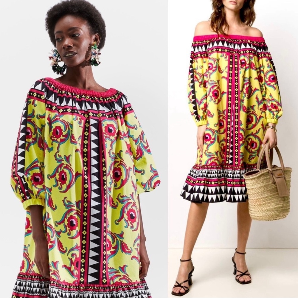 La DoubleJ Paloma short cotton trapeze dress in Cartwheel Giallo geometric print - Picture 4 of 11